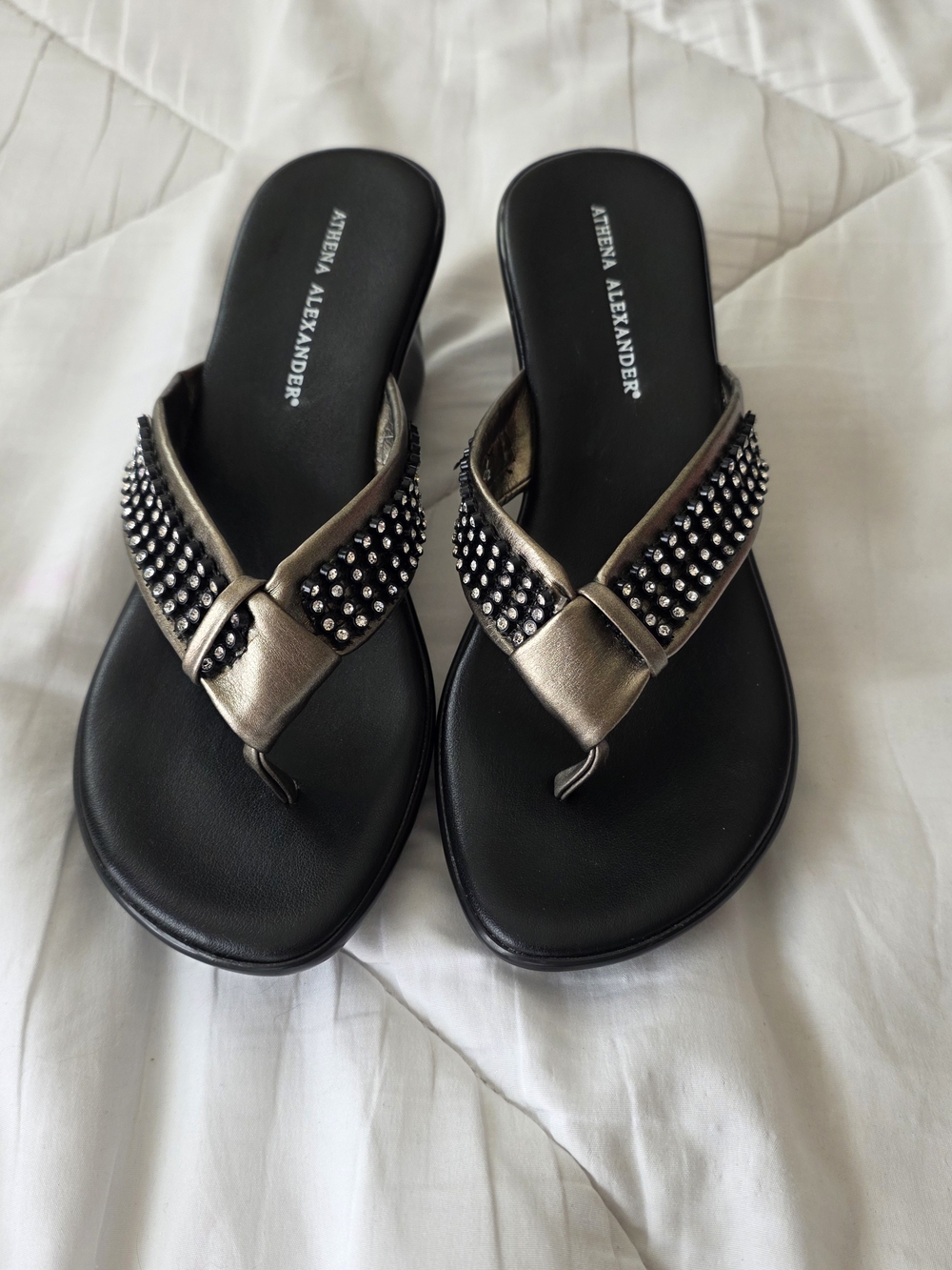 Athena Alexander Black Footbed Metallic Bronze Studded Thong Sandals